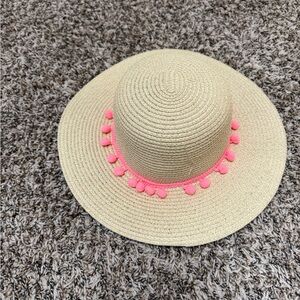 Beige Sun Hat with Pink Pom Poms